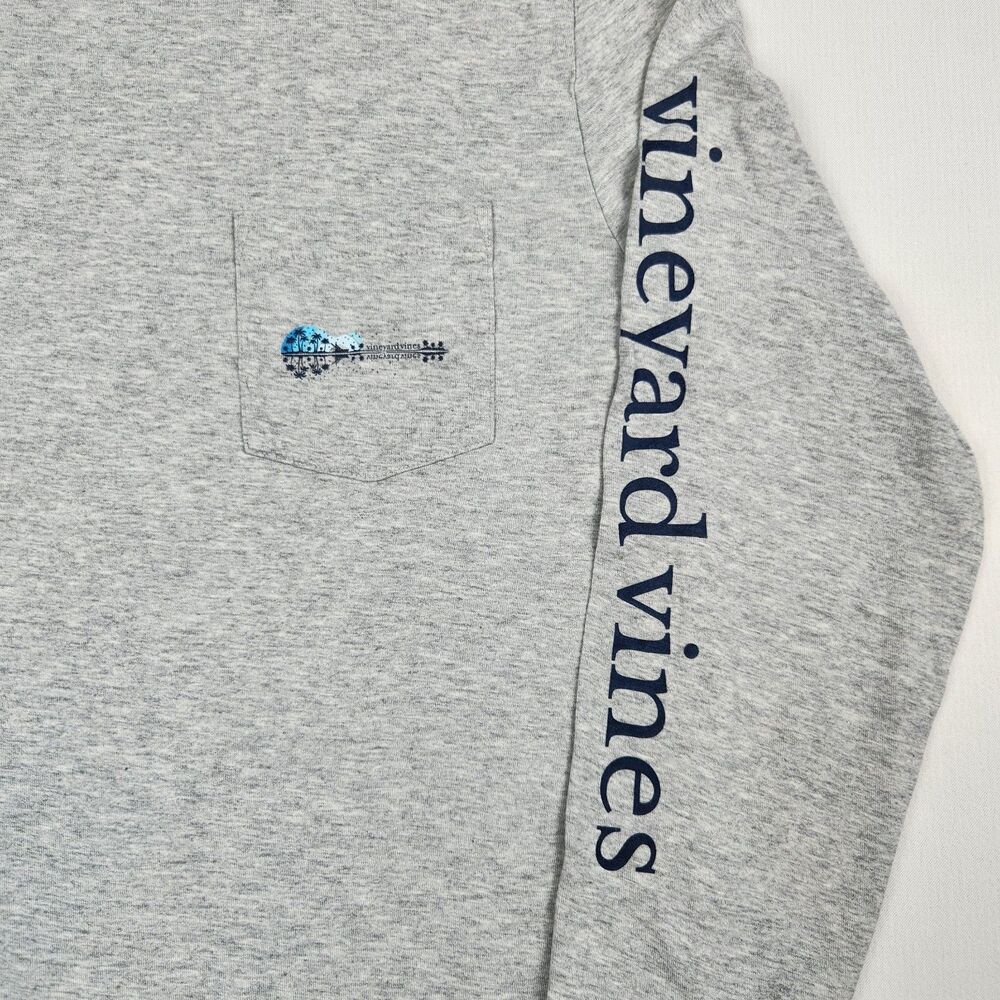 Vineyard Vines Long Sleeve Pocket T-Shirt Gray Men S Tropical Design Text Sleeve - Picture 2 of 9